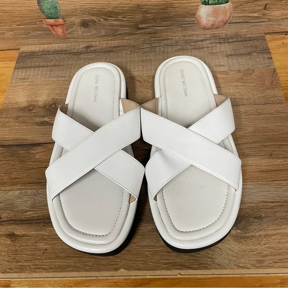Stuart Weitzman Elodie Leather Slide Sandal Womens size 9 white neutral
